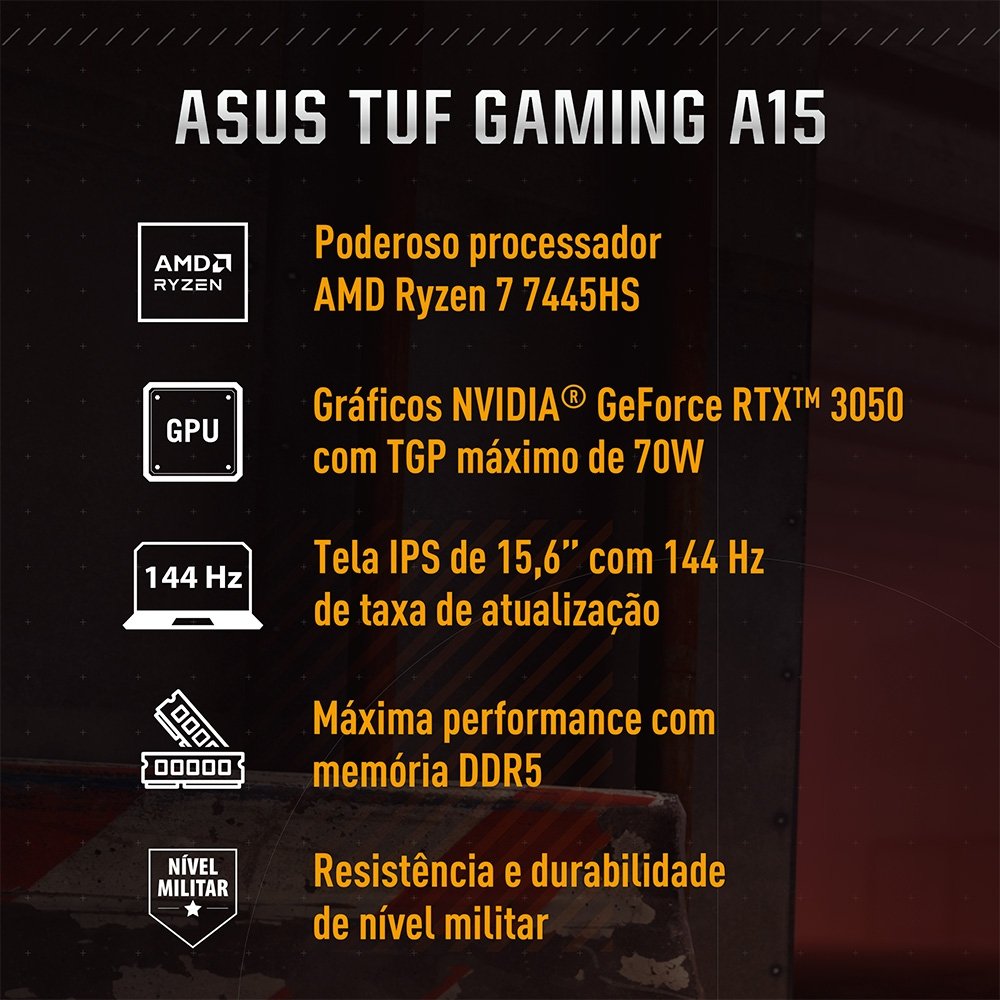 Notebook Gamer ASUS TUF Gaming A15 RTX3050, AMD RYZEN 7 16 GB, 512 GB SSD, KeepOS, Tela 15.6 FHD, Preto Grafite - FA506NCG-HN298 - view 2