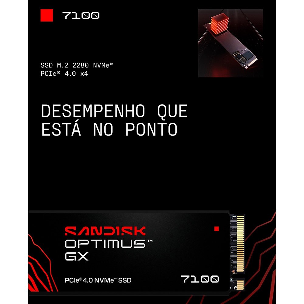 SSD SanDisk Optimus GX 7100, 500GB, M.2 NVMe, PCIe Gen4, Leitura 6.800 MB/s, Gravação 5.800 MB/s - SDSP71500GAN-000E0 SSD SanDisk Optimus GX 7100, 500GB, M.2 NVMe, PCIe Gen4, Leitura 6.800 MB/s, Gravação 5.800 MB/s - SDSP71500GAN-000E0