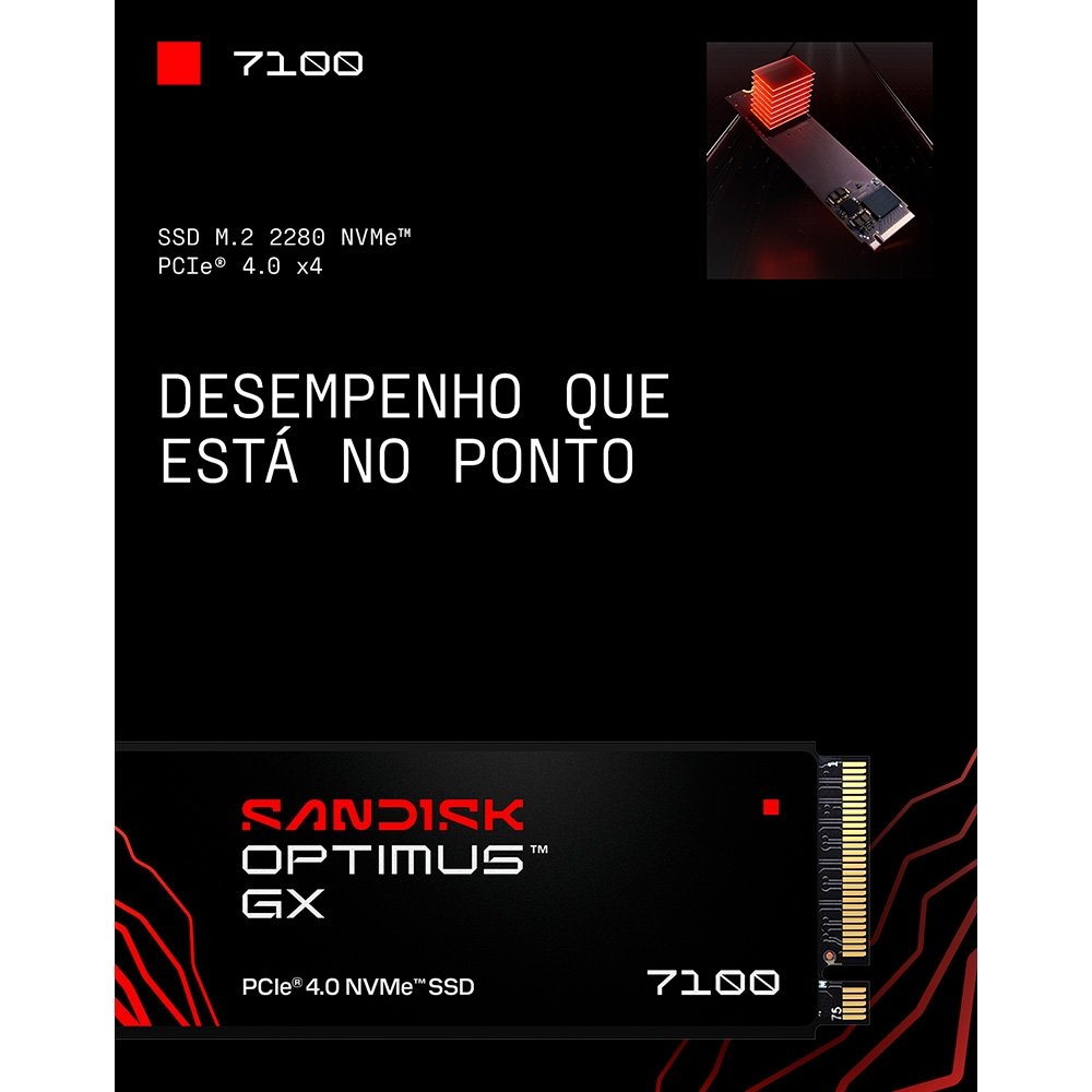 SSD SanDisk Optimus GX 7100, 1TB, M.2 NVMe, Leitura 7.250 MB/s, Gravação 6.900 MB/s, PCIe Gen4 - SDSP71100TAN-000E0 SSD SanDisk Optimus GX 7100, 1TB, M.2 NVMe, Leitura 7.250 MB/s, Gravação 6.900 MB/s, PCIe Gen4 - SDSP71100TAN-000E0