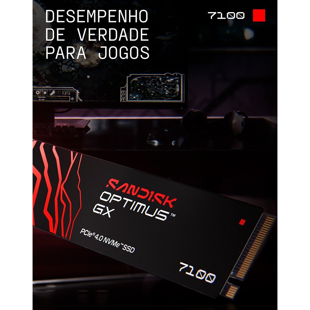 SSD SanDisk Optimus GX 7100, 1TB, M.2 NVMe, Leitura 7.250 MB/s, Gravação 6.900 MB/s, PCIe Gen4 - SDSP71100TAN-000E0 SSD SanDisk Optimus GX 7100, 1TB, M.2 NVMe, Leitura 7.250 MB/s, Gravação 6.900 MB/s, PCIe Gen4 - SDSP71100TAN-000E0