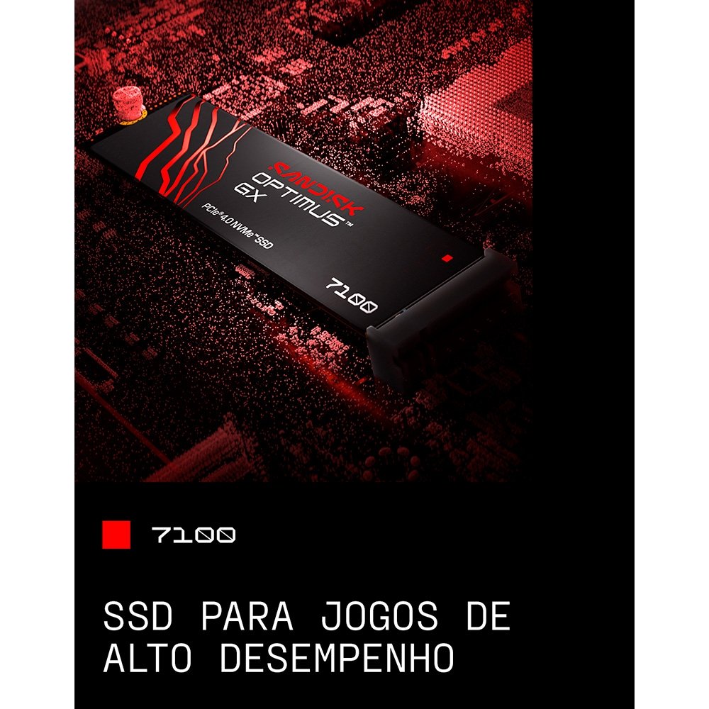 SSD SanDisk Optimus GX 7100, 1TB, M.2 NVMe, Leitura 7.250 MB/s, Gravação 6.900 MB/s, PCIe Gen4 - SDSP71100TAN-000E0 SSD SanDisk Optimus GX 7100, 1TB, M.2 NVMe, Leitura 7.250 MB/s, Gravação 6.900 MB/s, PCIe Gen4 - SDSP71100TAN-000E0