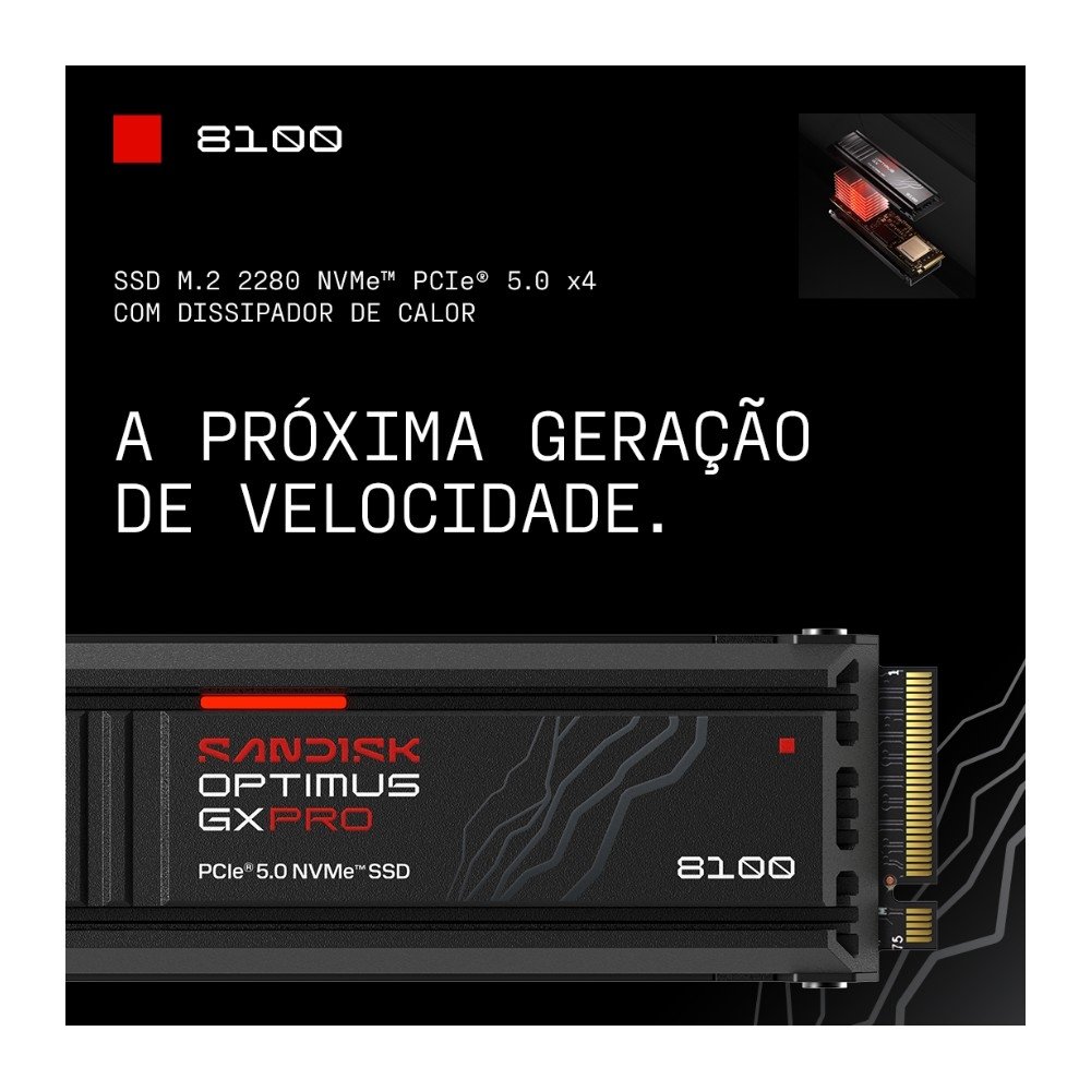 Imagem 5 de 11 do produto SSD SanDisk Optimus GX PRO 8100, 1TB, M.2 NVMe, Leitura 14.900 MB/s, Gravação 600 TBW, PCIe 5.0 - SDSP82100TAN-000E0