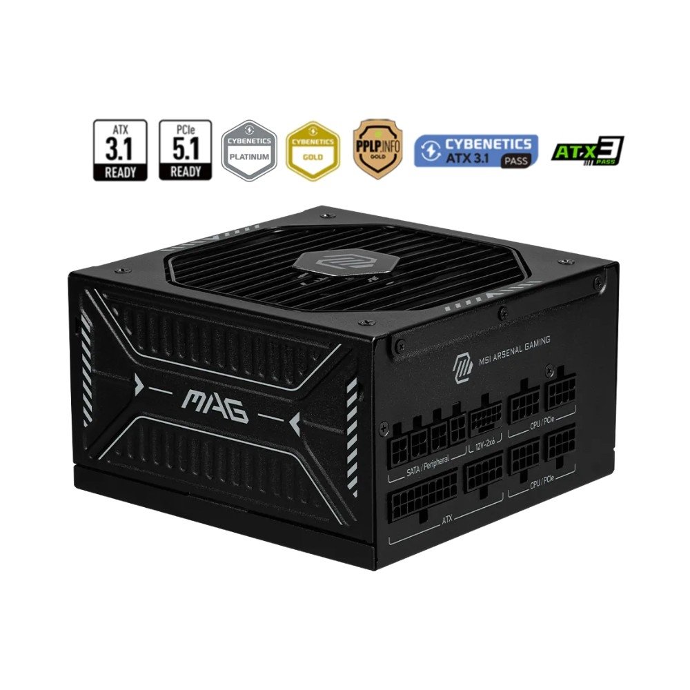 Fonte MSI MAG A1000GLS PCIE5, 1000W, 80 Plus Gold, Modular, Silent, PFC Ativo, Com Cabo, Preto - MAGA1000GLSPCIE5 Fonte MSI MAG A1000GLS PCIE5, 1000W, 80 Plus Gold, Modular, Silent, PFC Ativo, Com Cabo, Preto - MAGA1000GLSPCIE5