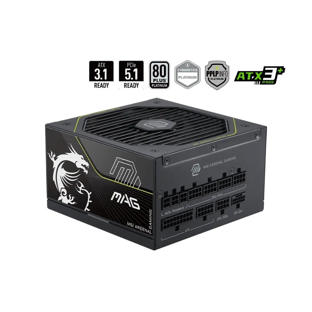 Fonte MSI MAG A1000PLS PCIE5, 1000W, 80 Plus Platinum, Modular, Silent, PFC Ativo, Com Cabo, Preto - MAGA1000PLSPCIE5 Fonte MSI MAG A1000PLS PCIE5, 1000W, 80 Plus Platinum, Modular, Silent, PFC Ativo, Com Cabo, Preto - MAGA1000PLSPCIE5