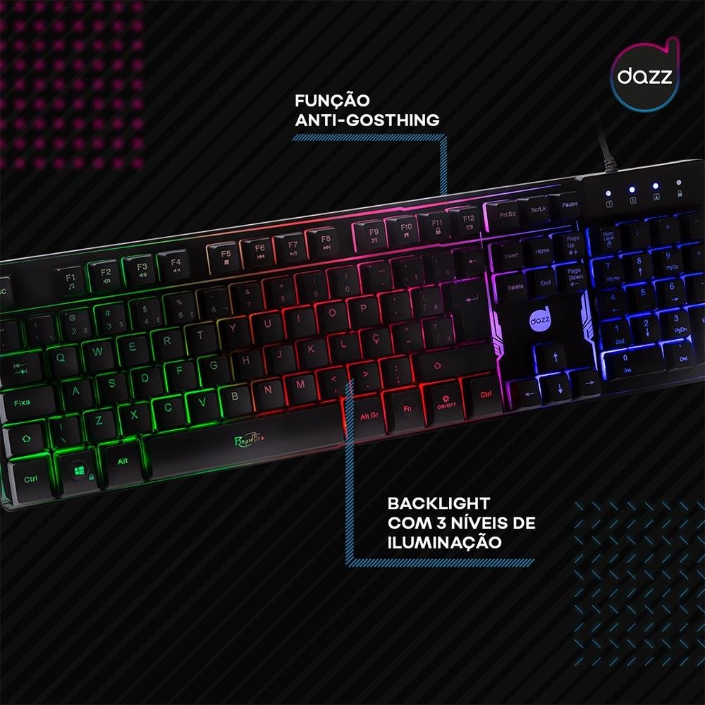 Imagem 6 de 8 do produto Teclado Gamer Dazz Rapid Fire Revolution, Rainbow, ABNT2 - 625203