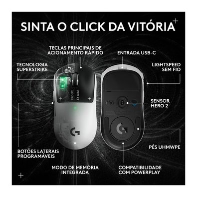 Mouse Gamer Sem Fio Logitech G PRO X2 SUPERSTRIKE LIGHTSPEED, 61g, Cliques Táteis Personalizáveis, USB-C, Preto e Branco - 910-007775