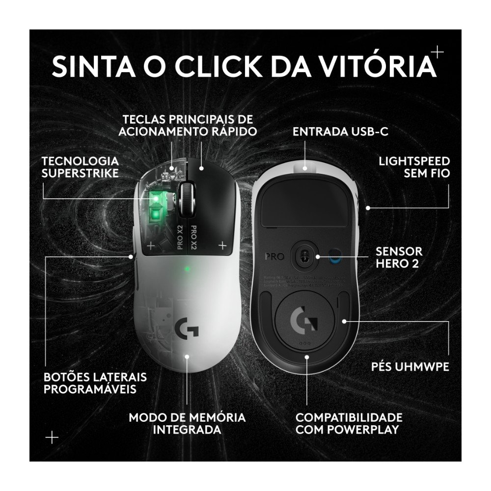 Mouse Gamer Sem Fio Logitech G PRO X2 SUPERSTRIKE LIGHTSPEED, 61g, Cliques Táteis Personalizáveis, USB-C, Preto e Branco - 910-007775