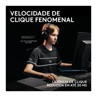 Mouse Gamer Sem Fio Logitech G PRO X2 SUPERSTRIKE LIGHTSPEED, 61g, Cliques Táteis Personalizáveis, USB-C, Preto e Branco - 910-007775