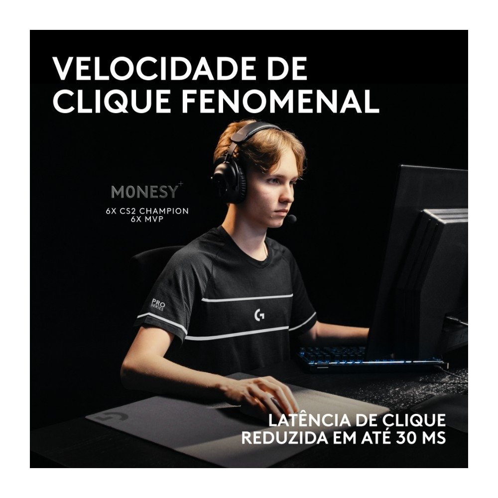 Mouse Gamer Sem Fio Logitech G PRO X2 SUPERSTRIKE LIGHTSPEED, 61g, Cliques Táteis Personalizáveis, USB-C, Preto e Branco - 910-007775