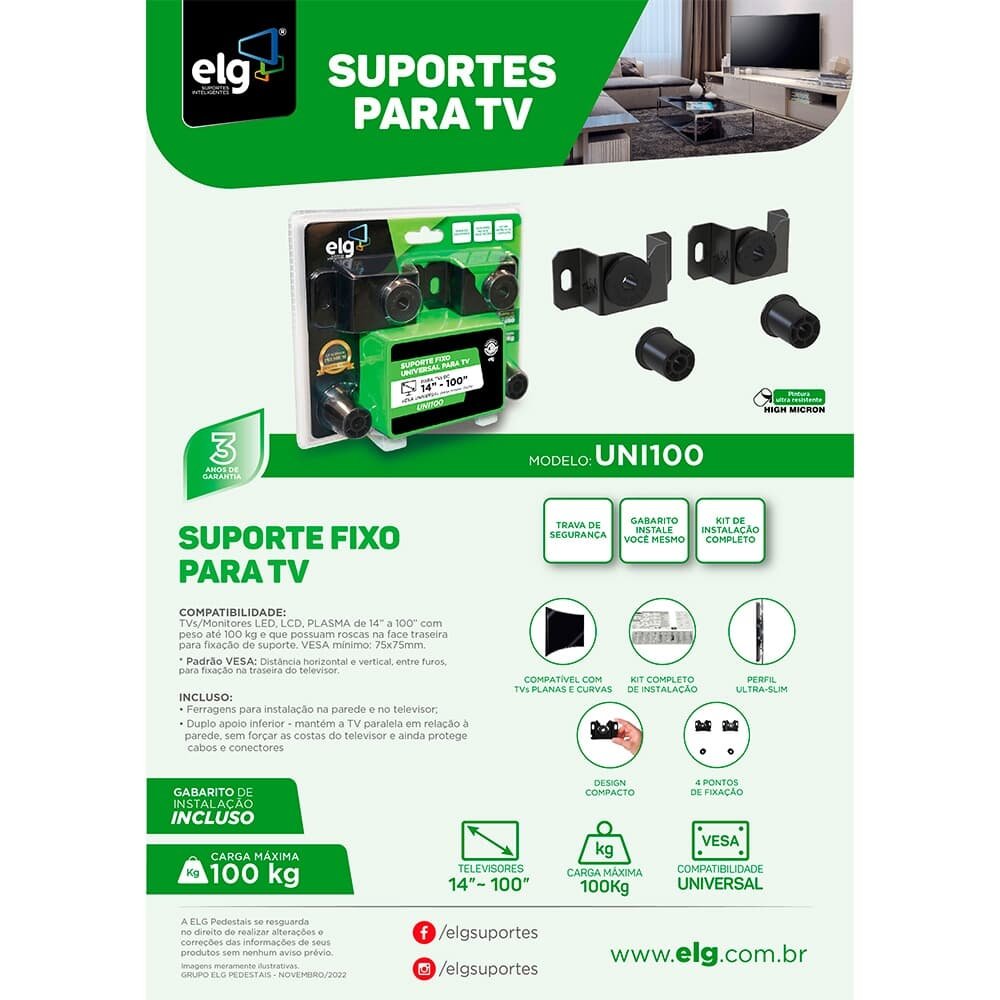 Imagem 5 de 7 do produto Suporte Fixo Universal de Parede para TVs de 14" a 100" ELG, até 100kg, VESA, Preto - UNI100
