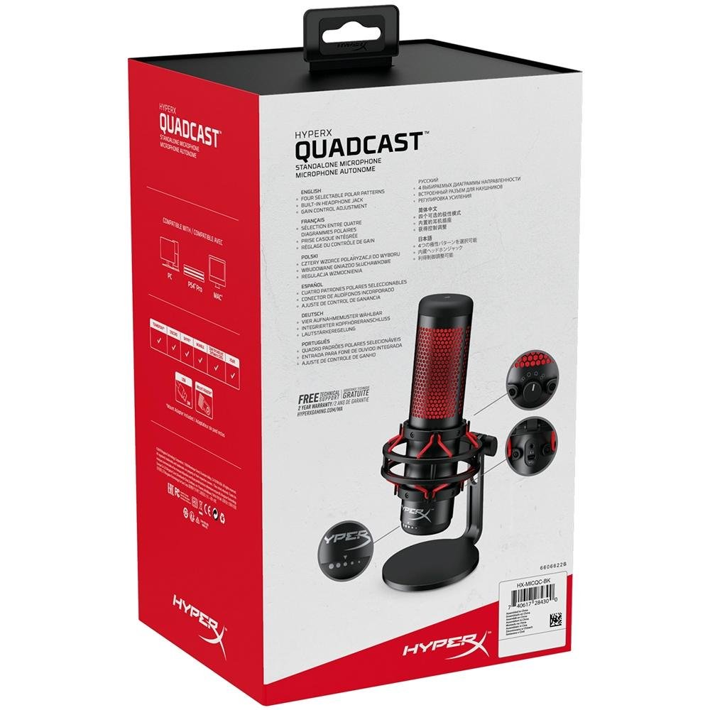 Imagem 8 de 8 do produto Microfone Gamer HyperX QuadCast Podcast, Antivibração, LED, Preto e Vermelho, Compatível com PC, Mac e Consoles - 4P5P6AA