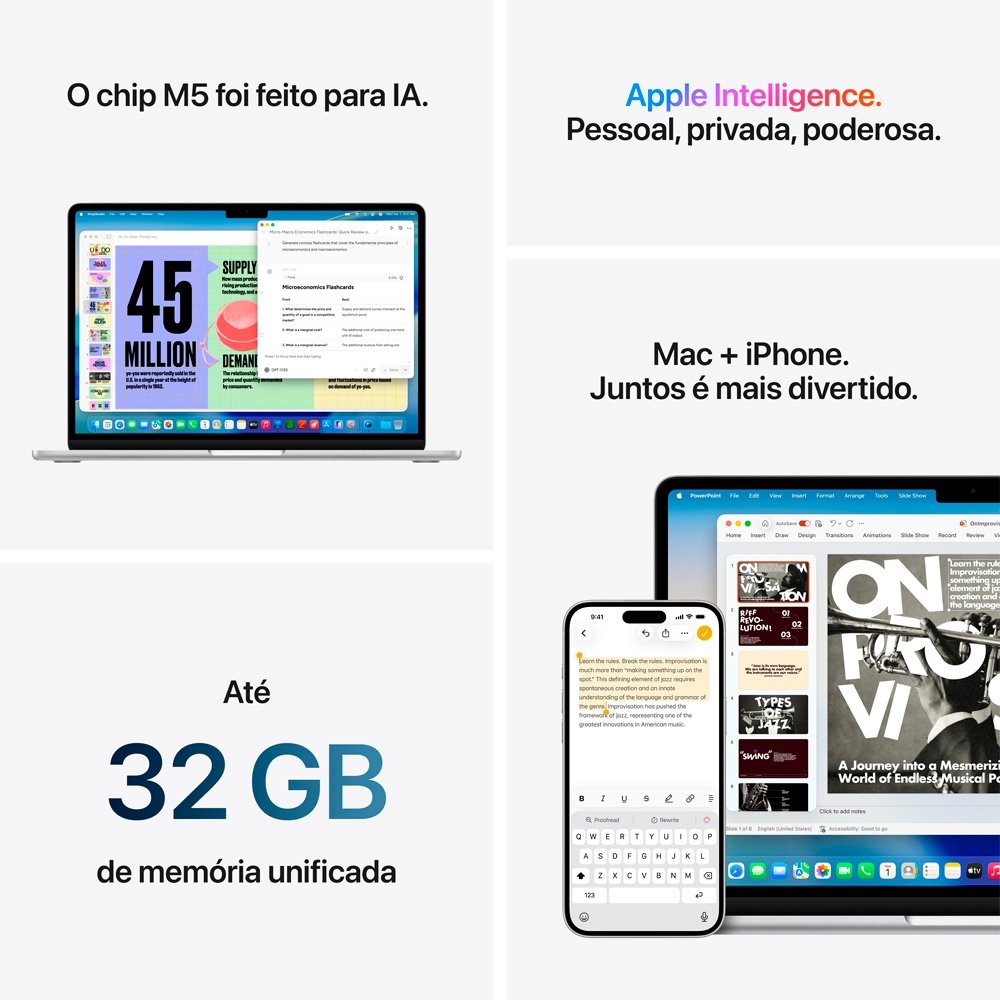 MacBook Air Apple 13" Chip M5, CPU de 10 Núcleos, GPU de 10 Núcleos, Neural Engine de 24 Núcleos, 1TB, Prateado - MDH94BZ/A