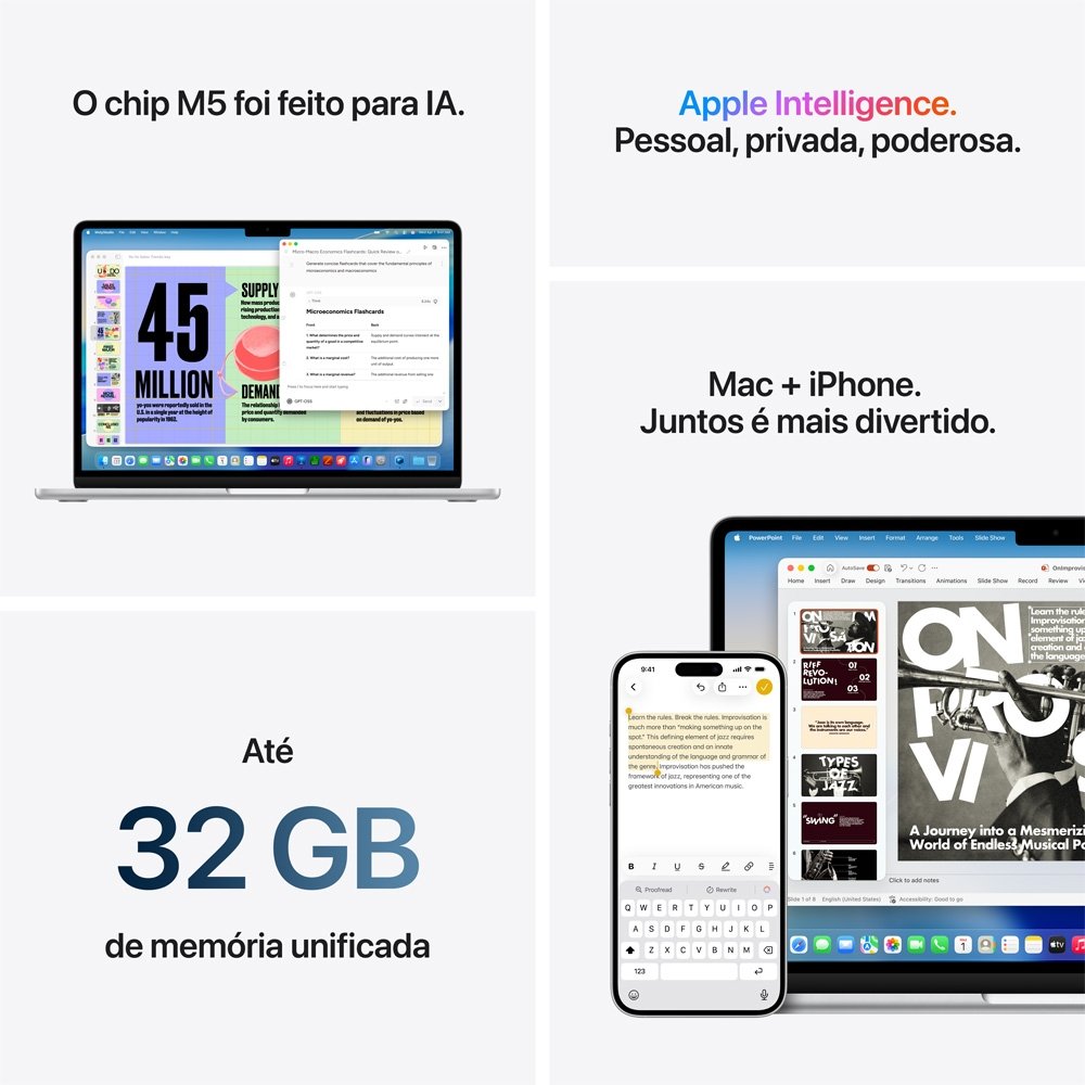MacBook Air Apple 15 Chip M5, CPU de 10 Núcleos, GPU de 10 Núcleos, Neural Engine de 16 Núcleos, 512GB, Prateado - MDV94BZ/A - view 8