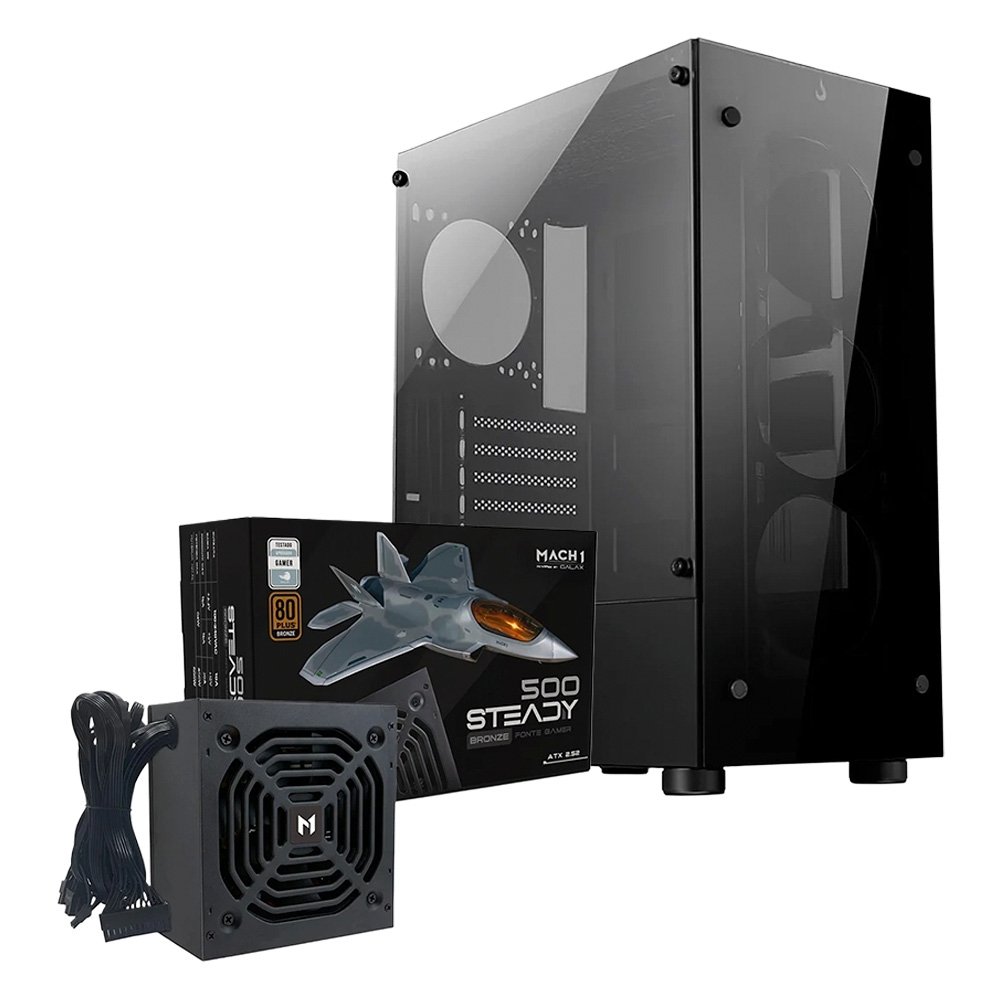 Gabinete Gamer Rise Mode Glass 06X, Mid Tower, ATX + Fonte MACH1 Steady, 500W