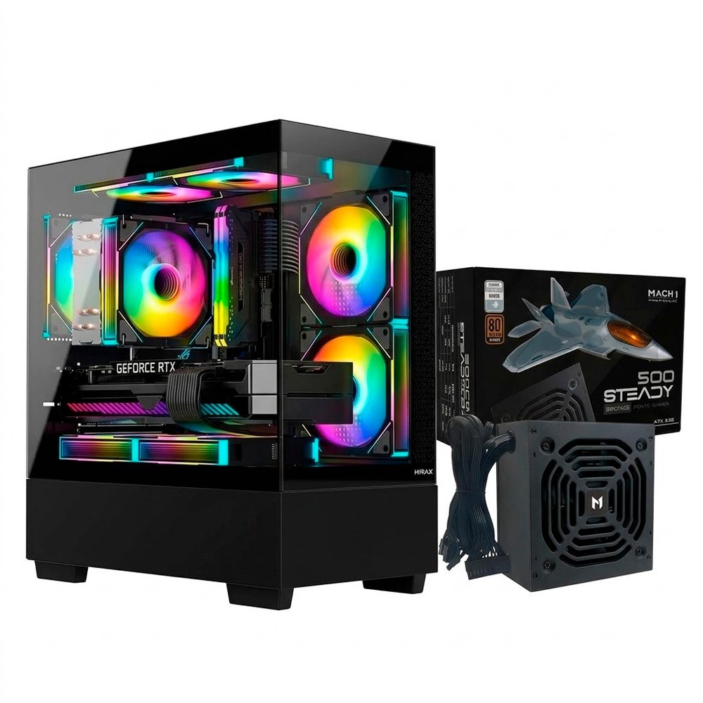 Gabinete Gamer Hyrax HGB320, Mini Tower + Fonte MACH1 Steady, 500W
