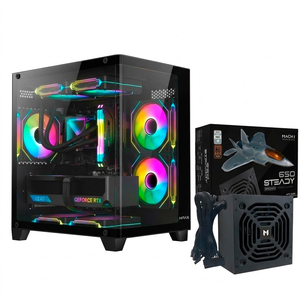 Gabinete Gamer Hyrax HGB750,  Frontal Curvo, Mini Tower + Fonte MACH1 Steady, 650W