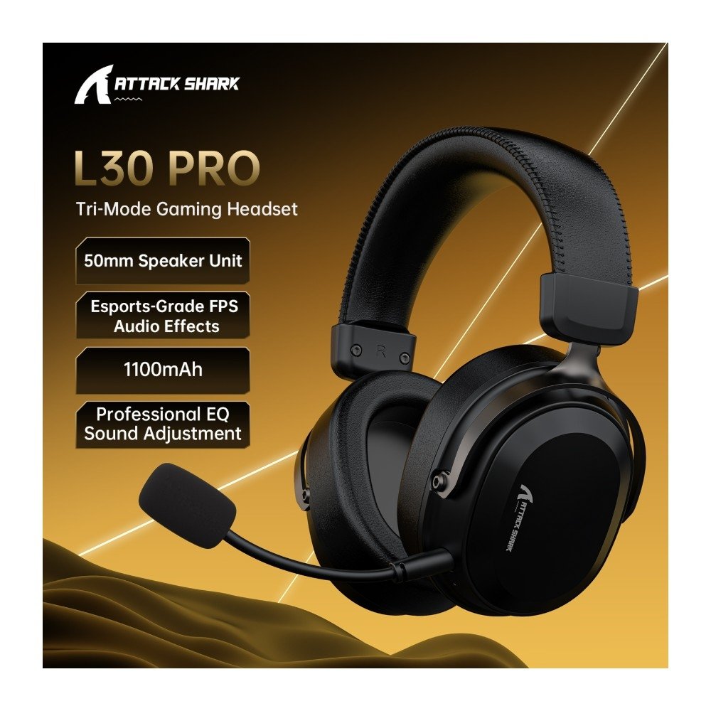 Imagem 2 de 8 do produto Headset Gamer Sem Fio Attack Shark L30 Pro, Bluetooth, Som Surround, Preto - L30PRO