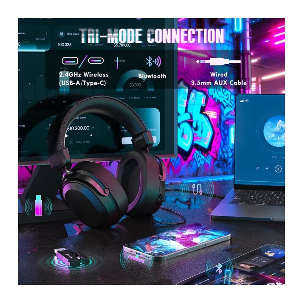 Imagem 3 de 8 do produto Headset Gamer Sem Fio Attack Shark L30 Pro, Bluetooth, Som Surround, Preto - L30PRO