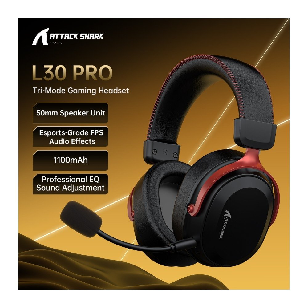 Imagem 2 de 8 do produto Headset Gamer Sem Fio Attack Shark L30 Pro, Bluetooth, Som Surround, Preto e Vermelho - L30PRO