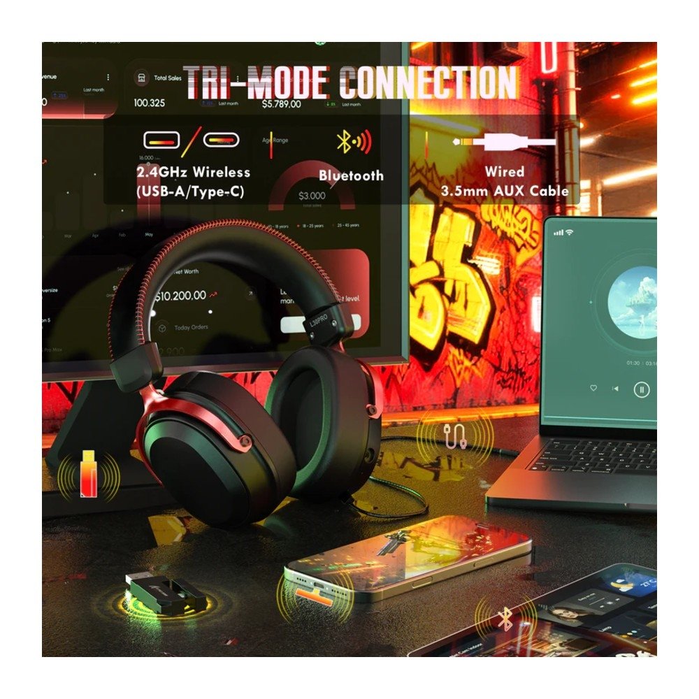 Imagem 4 de 8 do produto Headset Gamer Sem Fio Attack Shark L30 Pro, Bluetooth, Som Surround, Preto e Vermelho - L30PRO