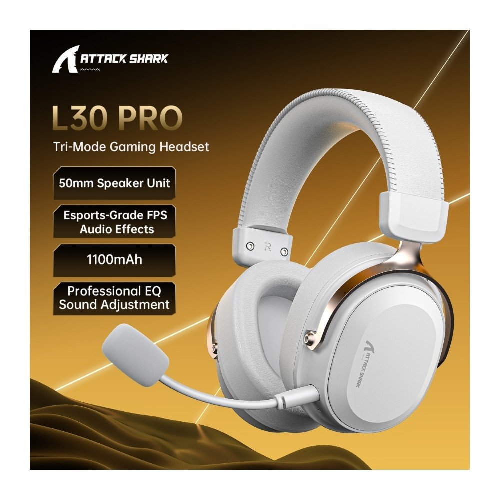Imagem 3 de 12 do produto Headset Gamer Sem Fio Attack Shark L30 Pro, Bluetooth, Som Surround, Branco e Prata - L30PRO