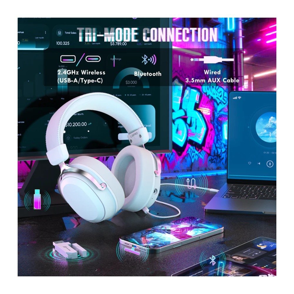 Imagem 5 de 12 do produto Headset Gamer Sem Fio Attack Shark L30 Pro, Bluetooth, Som Surround, Branco e Prata - L30PRO