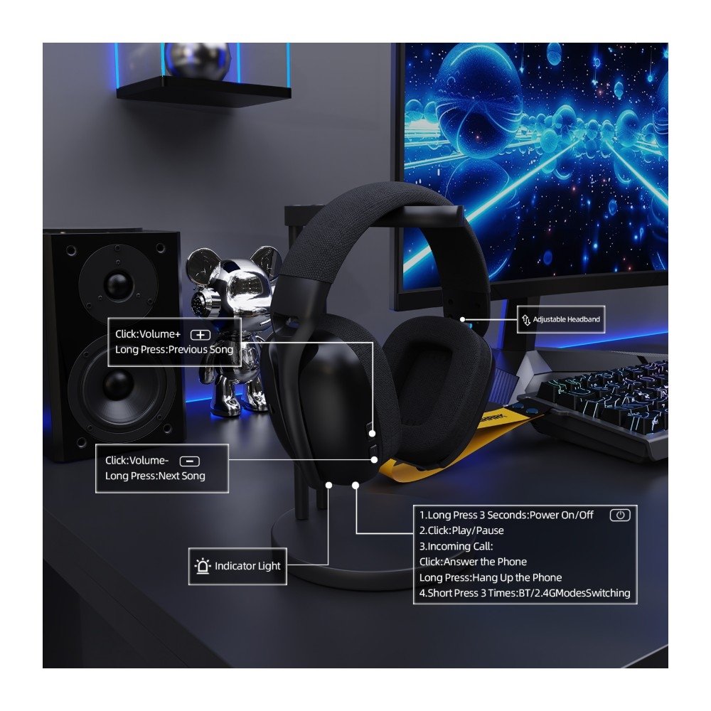 Imagem 4 de 9 do produto Headset Gamer Sem Fio Attack Shark L80 Pro, Bluetooth, Som Surround 7.1, Preto - L80PRO