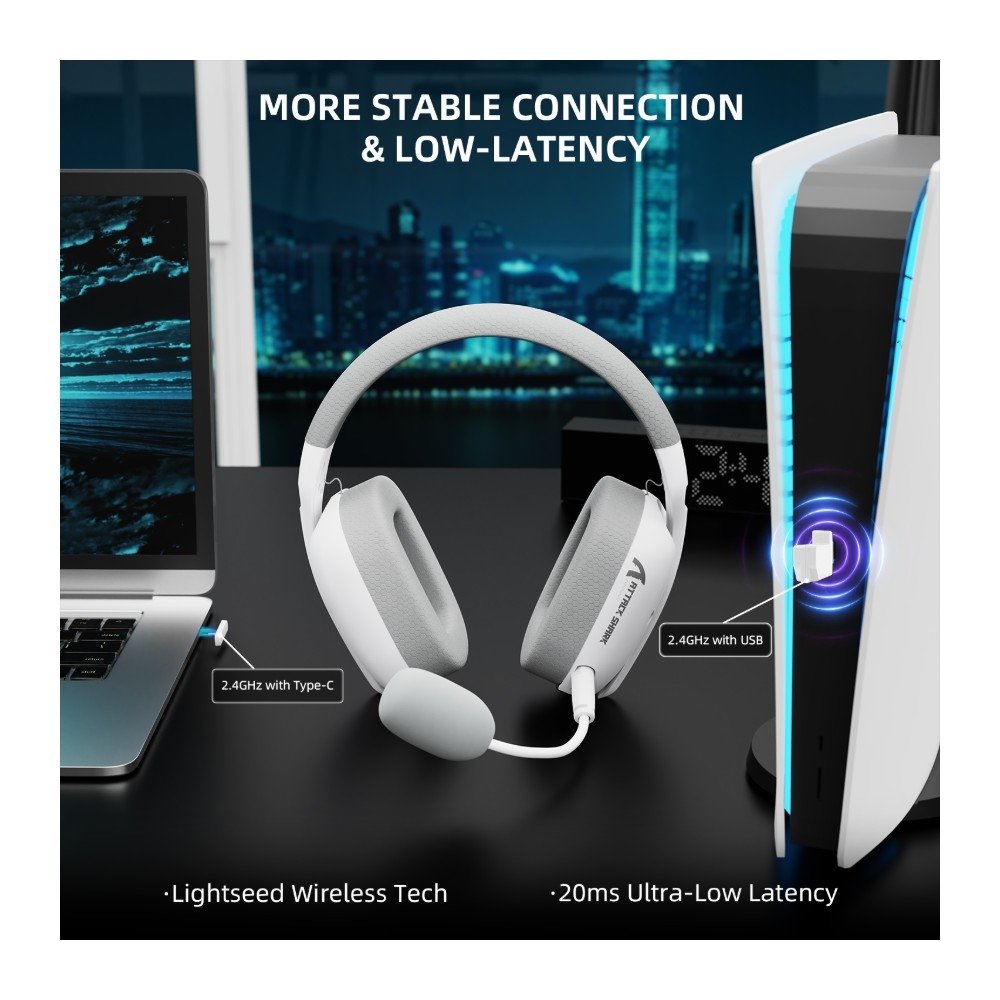 Imagem 3 de 9 do produto Headset Gamer Sem Fio Attack Shark L80 Pro, Bluetooth, Som Surround 7.1, Branco - L80PRO