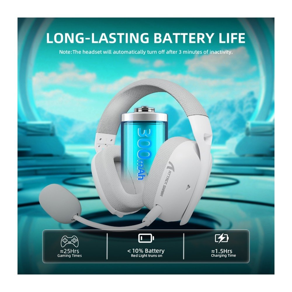 Imagem 5 de 9 do produto Headset Gamer Sem Fio Attack Shark L80 Pro, Bluetooth, Som Surround 7.1, Branco - L80PRO