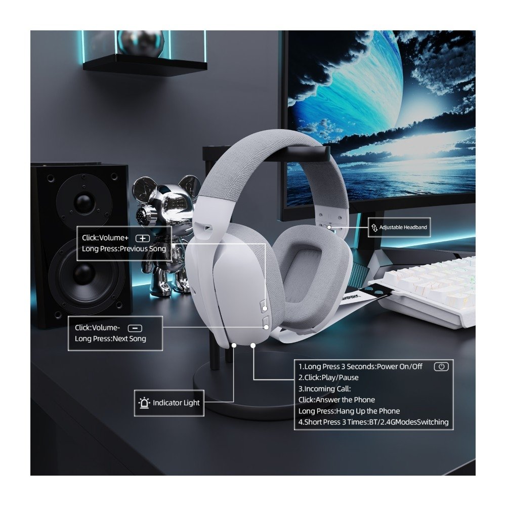 Imagem 9 de 9 do produto Headset Gamer Sem Fio Attack Shark L80 Pro, Bluetooth, Som Surround 7.1, Branco - L80PRO