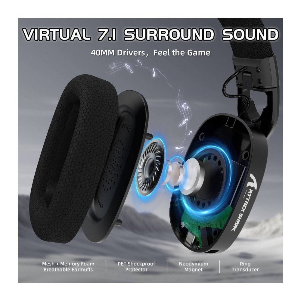 Imagem 8 de 11 do produto Headset Gamer Sem Fio Attack Shark L90, Bluetooth, High Fidelity, Preto - L90