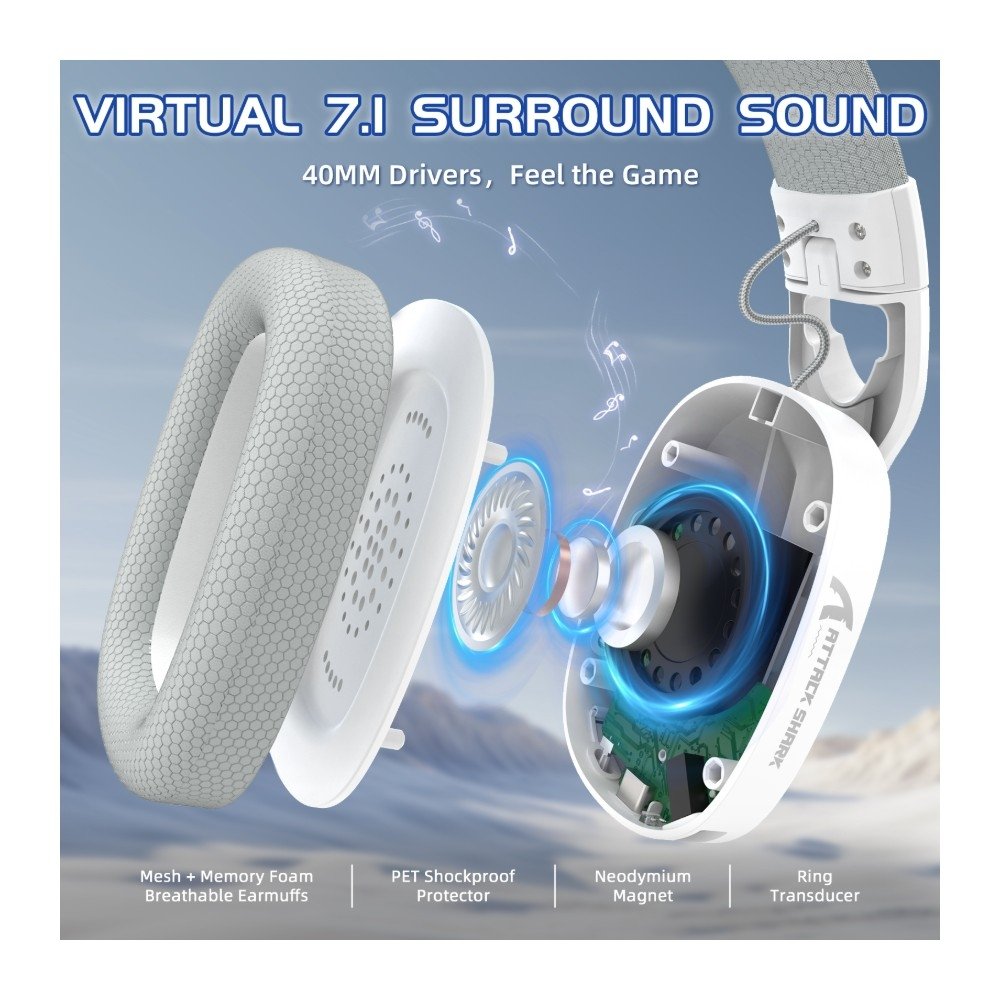 Imagem 3 de 11 do produto Headset Gamer Sem Fio Attack Shark L90, Bluetooth, High Fidelity, Branco - L90