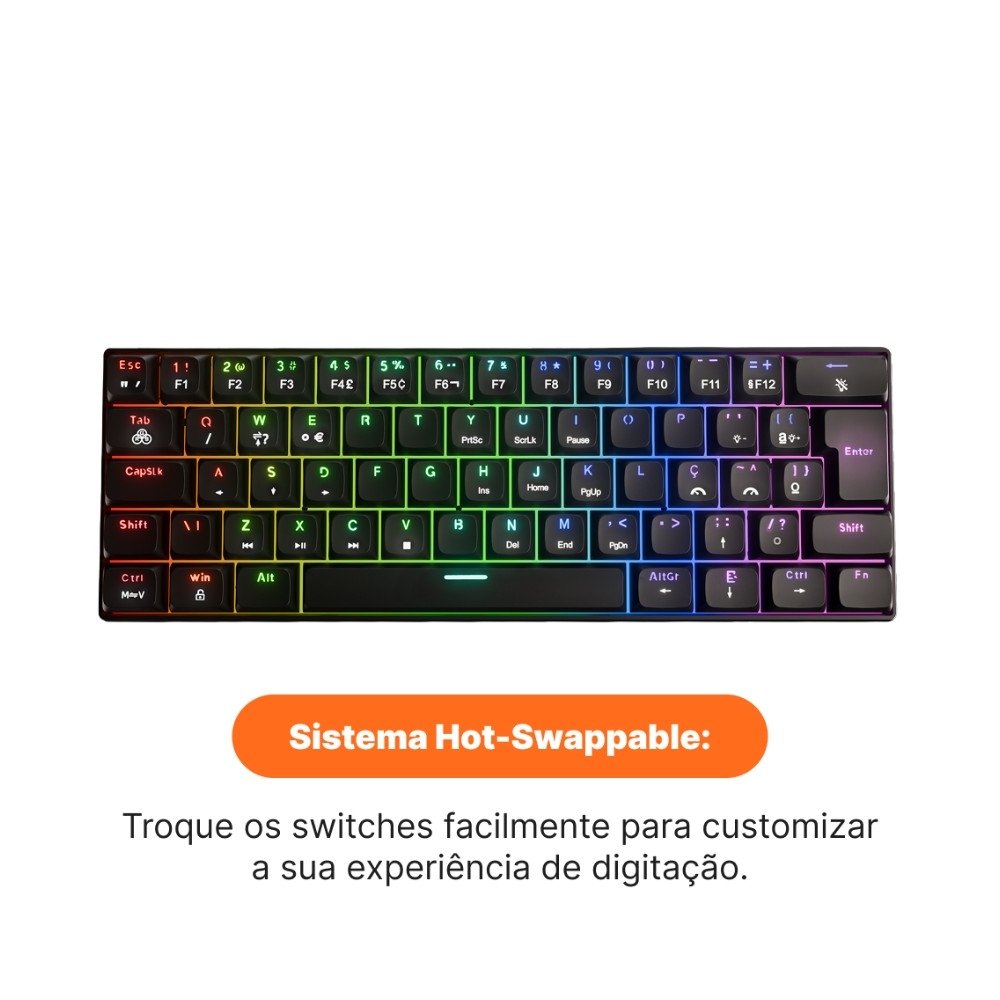 Imagem 4 de 5 do produto Teclado Mecânico Gamer Husky Prince, 60%, RGB Ampliado, Switch Huano Brown, HotSwap, ABNT, Preto - HTG100PTMA