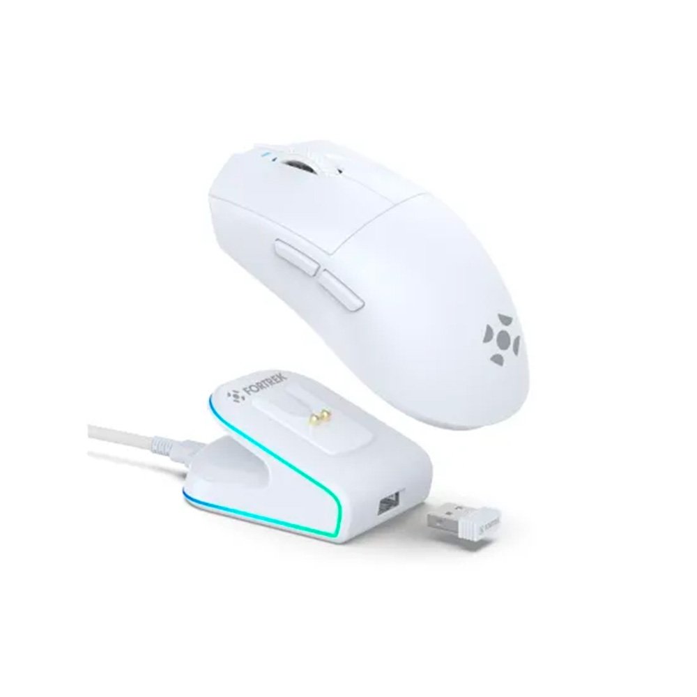 Mouse Gamer Sem Fio Fortrek Loyal, RGB, Sensor PAW3311, 12000 DPI, Com Dock de Carregamento Magnético, Branco - 86964