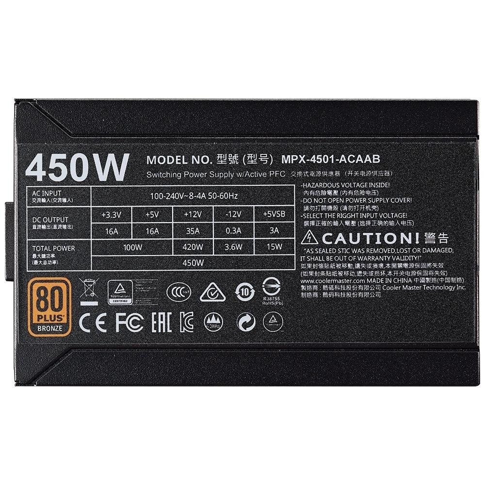 Fonte Cooler Master 450W, 80 Plus Bronze, com Cabo - MPX-4501-ACAAB-BR Fonte Cooler Master 450W, 80 Plus Bronze, com Cabo - MPX-4501-ACAAB-BR