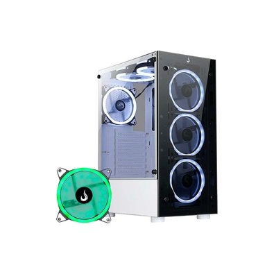 Gabinete Gamer Rise Mode Glass 06X Frost, Mid Tower, ATX, Frontal e Lateral em Vidro Temperado, Sem FANs, Branco + Ventoinha Rise Mode Galaxy Motherboard, 120mm, RGB, Preto