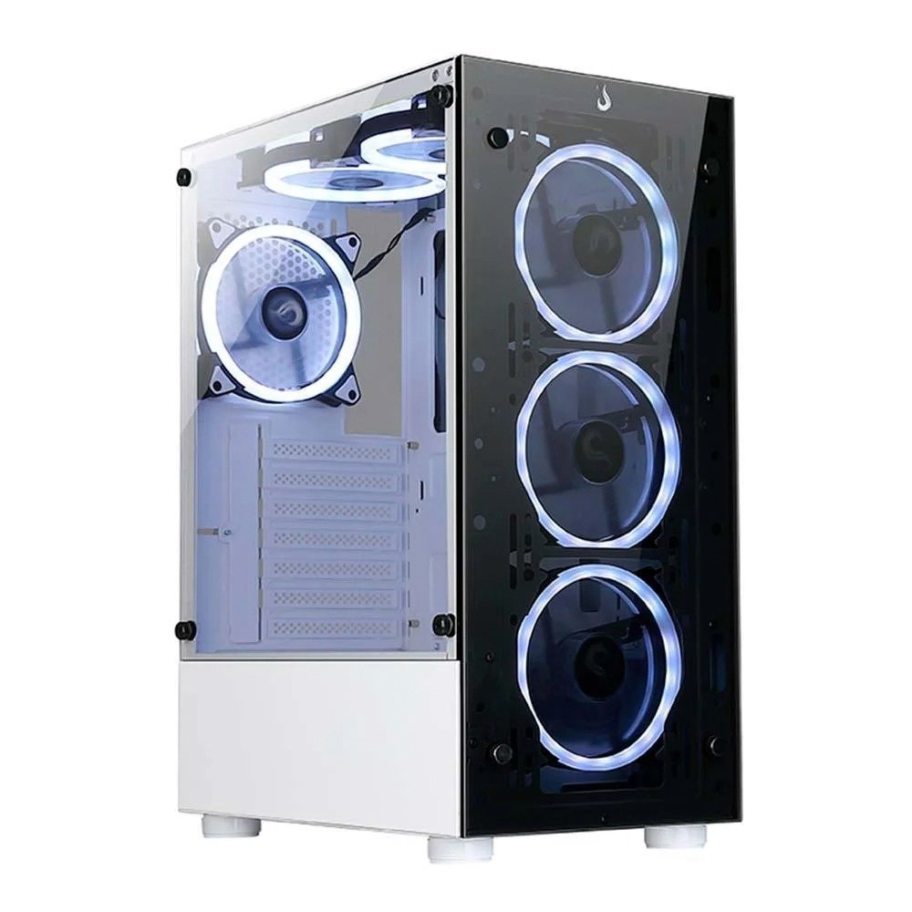 Imagem 3 de 9 do produto Gabinete Gamer Rise Mode Glass 06X Frost, Mid Tower, ATX, Frontal e Lateral em Vidro Temperado, Sem FANs, Branco + Ventoinha Rise Mode Galaxy Motherboard, 120mm, RGB, Preto
