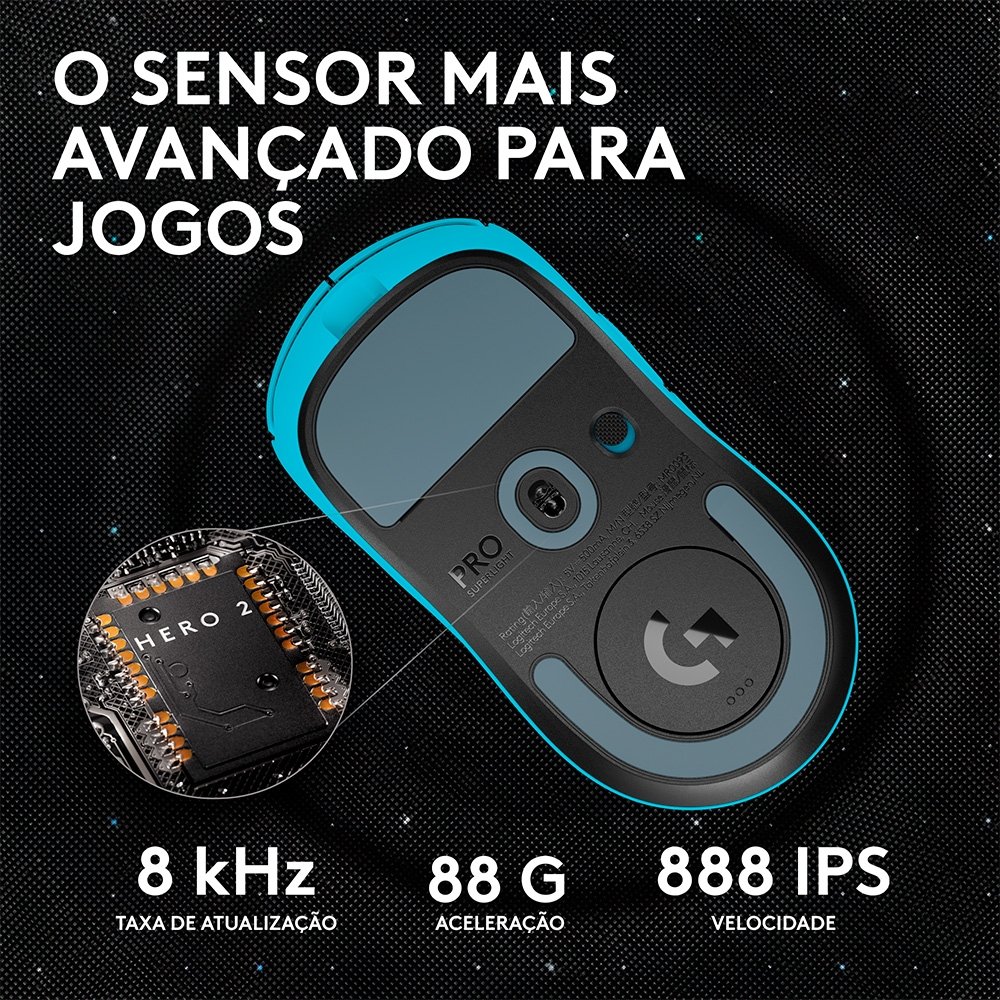 Mouse Gamer Sem Fio Logitech G PRO X SUPERLIGHT 2 com 5 Botões, 60g, Sensor 44K DPI, Taxa de Resposta de 8 kHz, PC/Mac, Ciano - 910-007693 - view 6