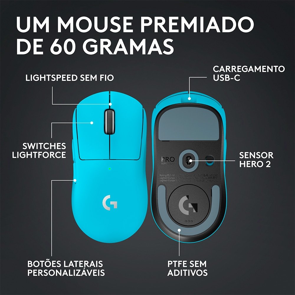 Mouse Gamer Sem Fio Logitech G PRO X SUPERLIGHT 2 com 5 Botões, 60g, Sensor 44K DPI, Taxa de Resposta de 8 kHz, PC/Mac, Ciano - 910-007693 - view 4