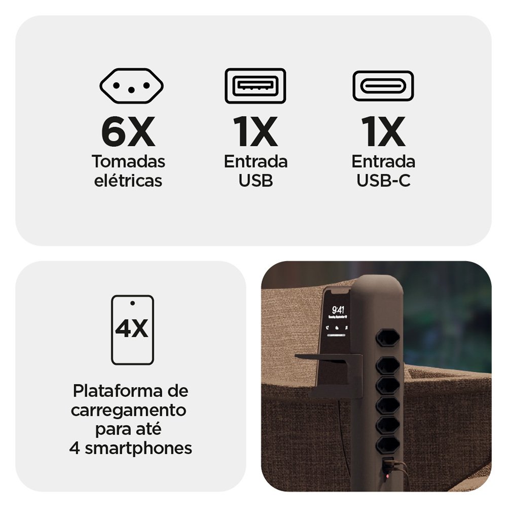 Imagem 4 de 8 do produto Extensão Elétrica Octoo Totem Easyplug, 6 Tomadas, 2 USB, Suporte para Smartphone, Bivolt