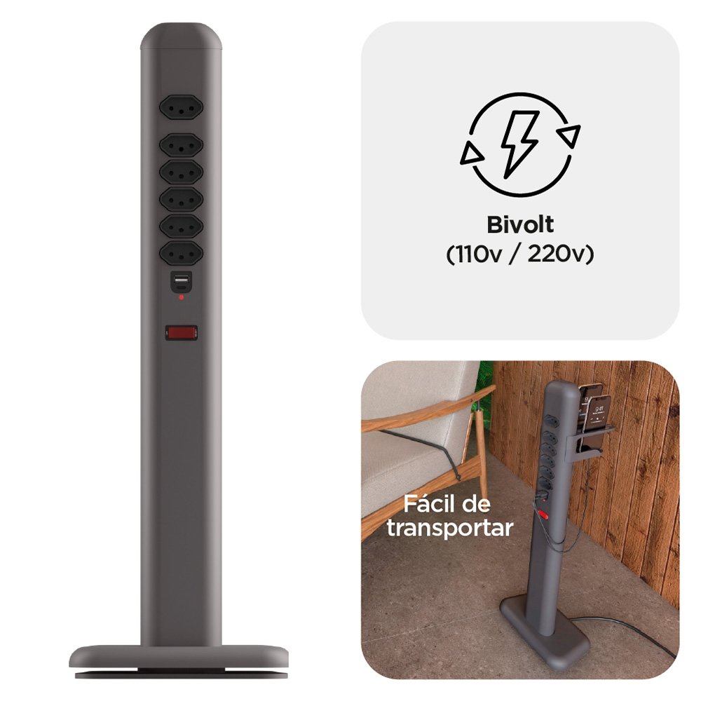 Imagem 5 de 8 do produto Extensão Elétrica Octoo Totem Easyplug, 6 Tomadas, 2 USB, Suporte para Smartphone, Bivolt