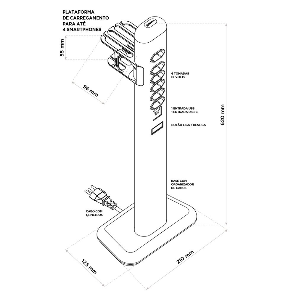 Imagem 8 de 8 do produto Extensão Elétrica Octoo Totem Easyplug, 6 Tomadas, 2 USB, Suporte para Smartphone, Bivolt