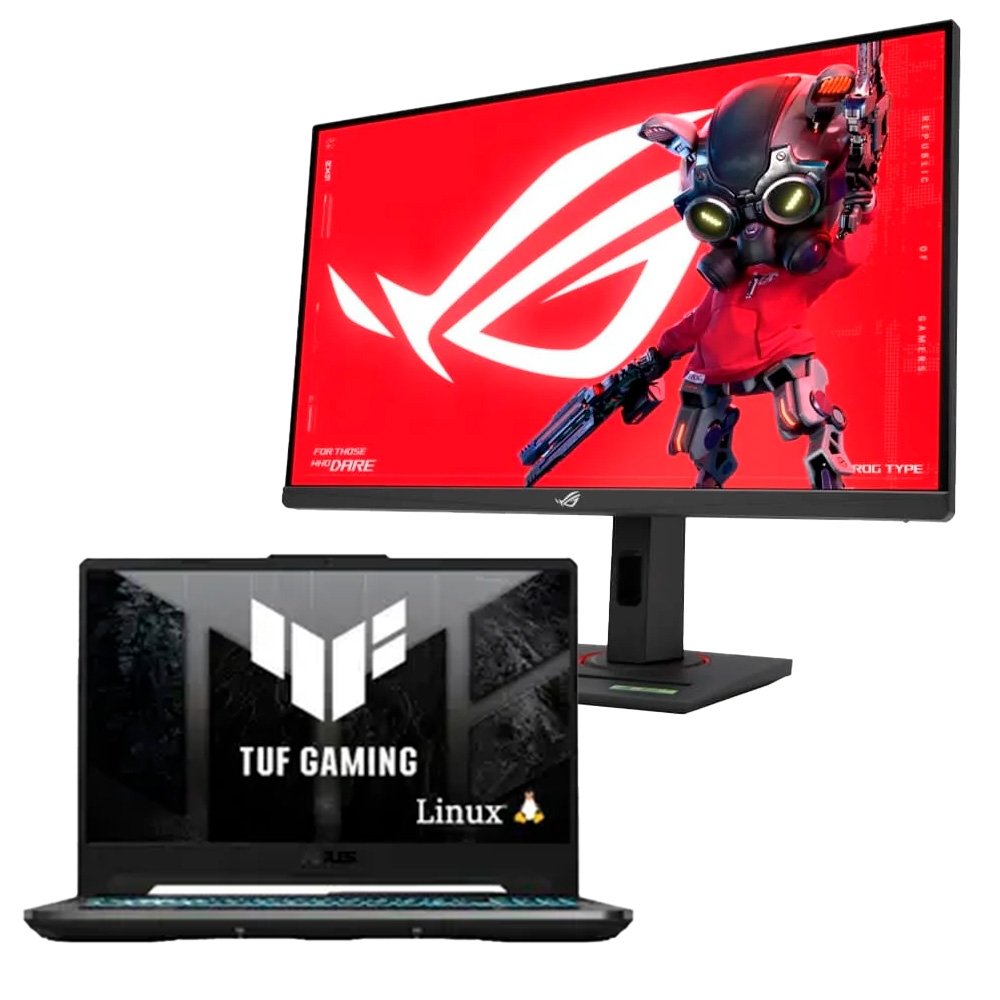 "Kit Notebook Gamer ASUS TUF Gaming A15 RTX3050, RYZEN 7, 16 GB, 512 SSD, KeepOS - FA506NCG-HN298 + Monitor Gamer ASUS ROG Strix 27"", QHD, 180Hz, 1ms, Fast IPS, VRR, G-Sync, FreeSync, HDR 400, USB-C, Altura Ajustável - XG27ACS"