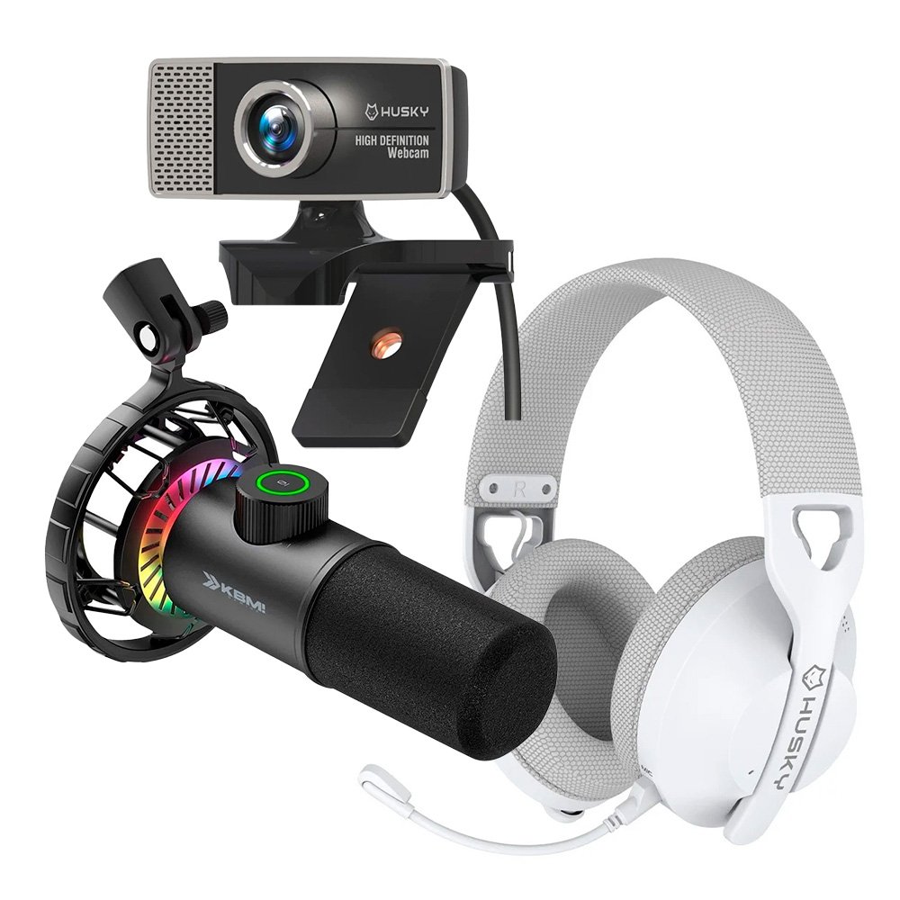 Kit Streamer Microfone Gamer Cardióide KBM! GAMING + Headset Gamer Husky Matilha, P3 3.5mm, Driver 40mm , Branco + Webcam Husky Focus HD 720p, 30fps