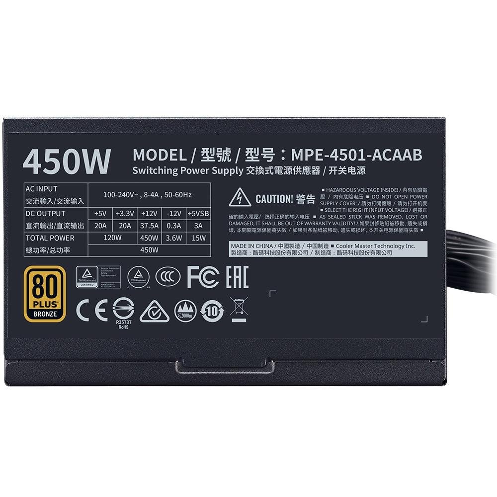 Fonte Cooler Master MWE Bronze, 450W, 80 Plus Bronze, PFC Ativo - MPE-4501-ACAAB-BR Fonte Cooler Master MWE Bronze, 450W, 80 Plus Bronze, PFC Ativo - MPE-4501-ACAAB-BR