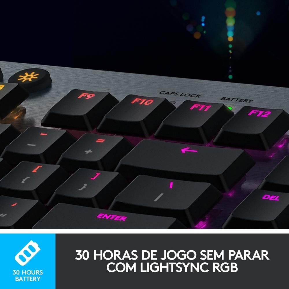 Imagem 6 de 9 do produto Teclado Mecânico Gamer Sem Fio Logitech G915 LIGHTSPEED RGB LIGHTSYNC, USB ou Bluetooth, Ultrafino, Switch GL Tactile, Preto - 920-008902