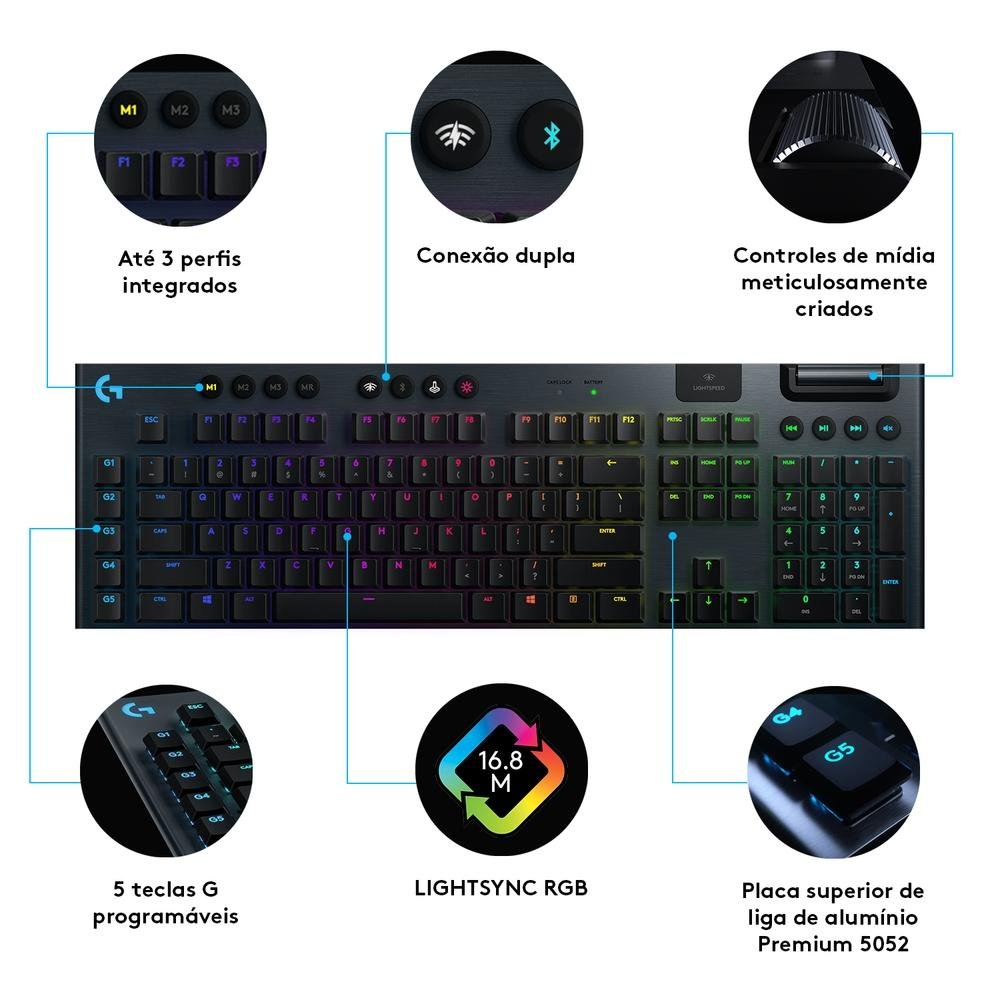 Imagem 7 de 9 do produto Teclado Mecânico Gamer Sem Fio Logitech G915 LIGHTSPEED RGB LIGHTSYNC, USB ou Bluetooth, Ultrafino, Switch GL Tactile, Preto - 920-008902