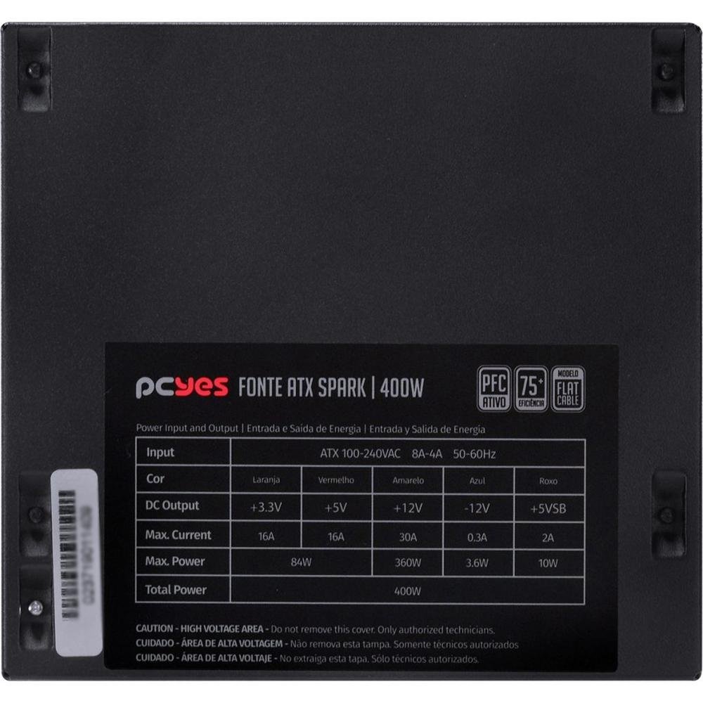 Fonte PCYes Spark 75+, 400W, PFC Ativo, Sem Cabo, Preto - PXSP400WPT Fonte PCYes Spark 75+, 400W, PFC Ativo, Sem Cabo, Preto - PXSP400WPT