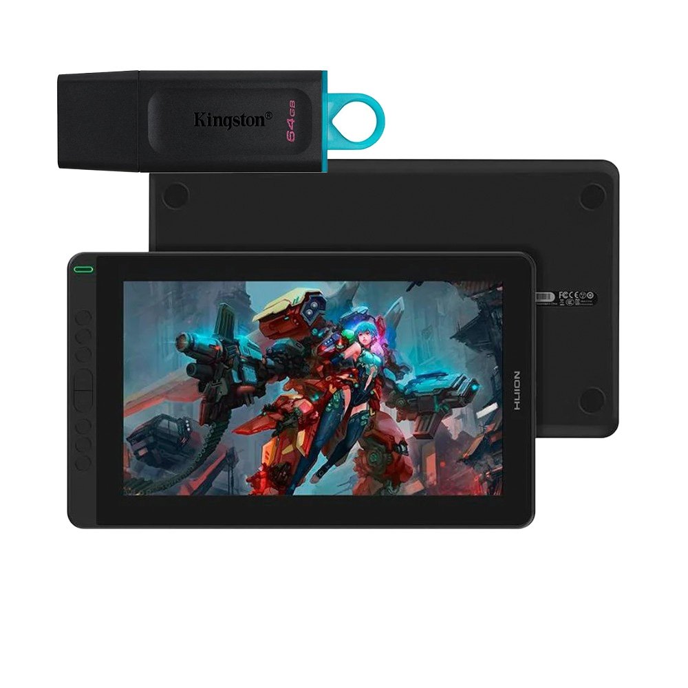 Mesa Digitalizadora Huion Kamvas 13  + Pen Drive 64GB Kingston DataTraveler Exodia, USB 3.2, Preto e Azul