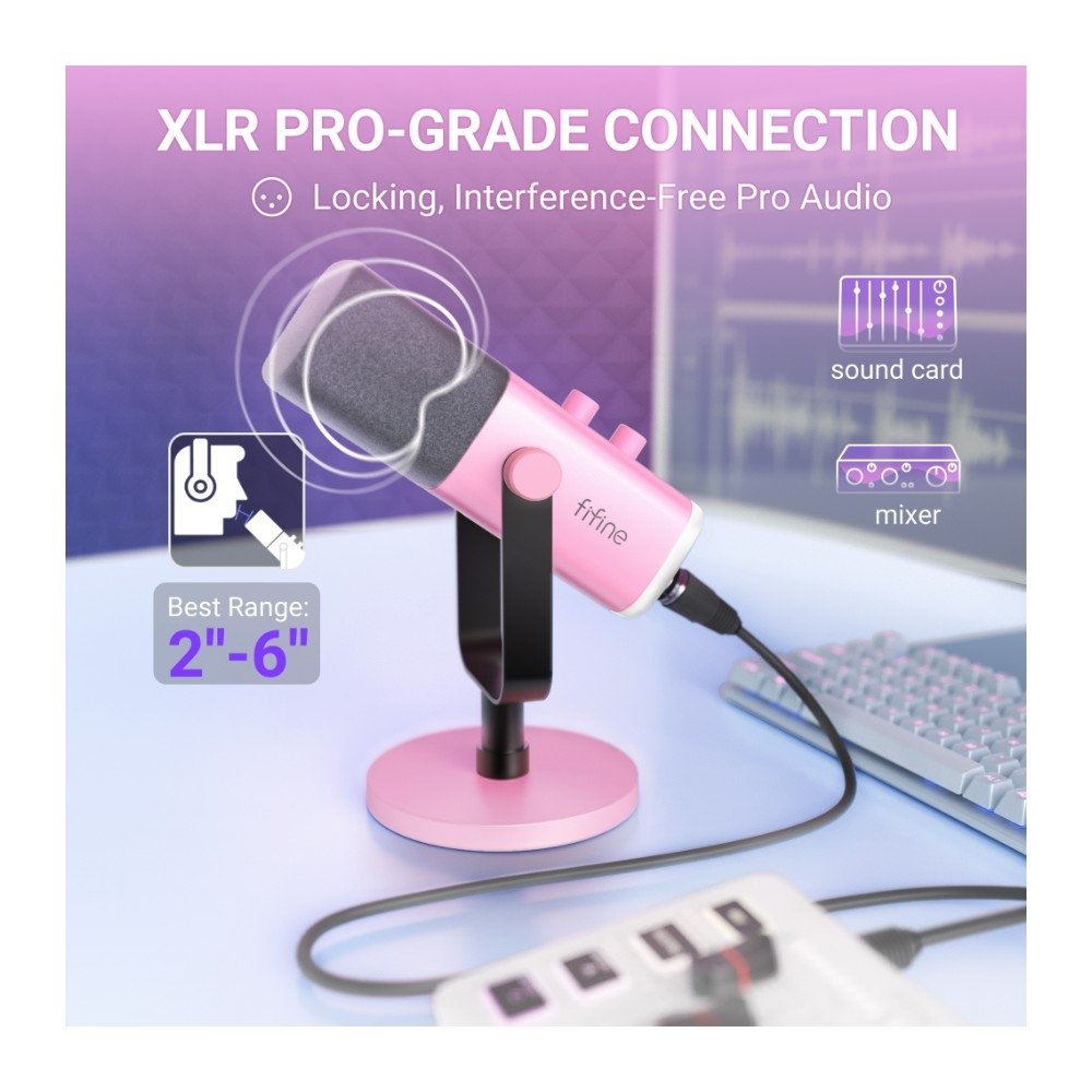 Imagem 5 de 10 do produto Microfone Dinâmico Fifine AM8, de Mesa, Podcast, com Suporte, LED, USB e XLR, Rosa - AM8P